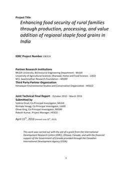 Enhancing Food Security of Rural Families Through Production, Processing, and Value Addition of Regional Staple Food Grains in India