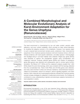 A Combined Morphological and Molecular Evolutionary Analysis of Karst-Environment Adaptation for the Genus Urophysa (Ranunculaceae)