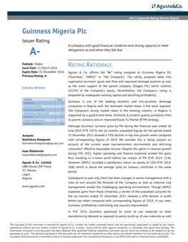 Guinness Nigeria Plc Issuer Rating a Company with Good Financial Condition and Strong Capacity to Meet A- Obligations As and When They Fall Due