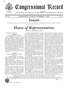 Congressional Record United States Th of America PROCEEDINGS and DEBATES of the 107 CONGRESS, FIRST SESSION