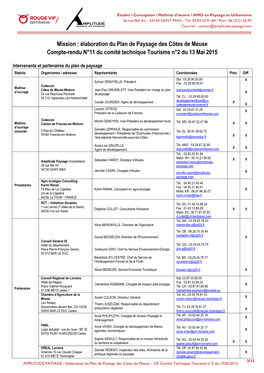 Élaboration Du Plan De Paysage Des Côtes De Meuse Compte-Rendu N°11 Du Comité Technique Tourisme N°2 Du 13 Mai 2015