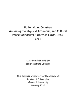 Rationalizing Disaster: Assessing the Physical, Economic, and Cultural Impact of Natural Hazards in Luzon, 1645- 1754