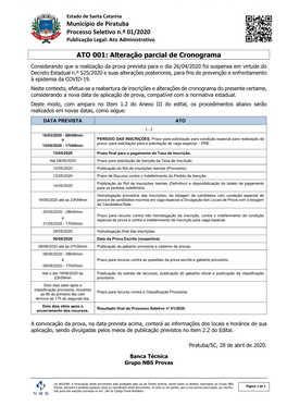 Município De Piratuba Processo Seletivo N.º 01/2020 Publicação Legal: Ato Administrativo