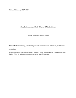 April 27, 2018 Mate Preferences and Their Behavioral Manifestations