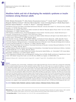 Mealtime Habits and Risk of Developing the Metabolic Syndrome Or Insulin Resistance Among Mexican Adults