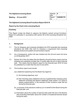 The Highland Licensing Board Annual Functions Report 2018-19
