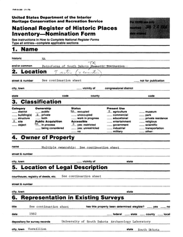 National Register of Historic Places Inventory Nomination Form 1. Name 2. Location 7 5. Location of Legal Description 6. Represe