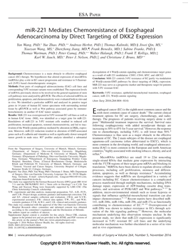 Mir-221 Mediates Chemoresistance of Esophageal Adenocarcinoma by Direct Targeting of DKK2 Expression