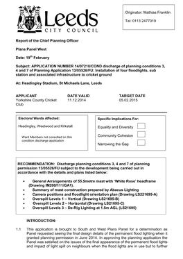 Report of the Chief Planning Officer Plans Panel West Date