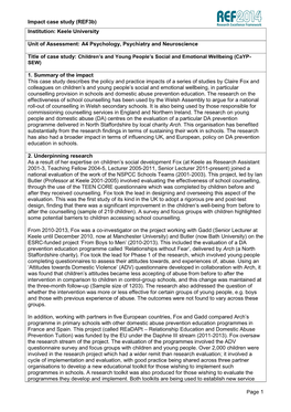 Impact Case Study (Ref3b) Page 1 Institution: Keele University Unit Of