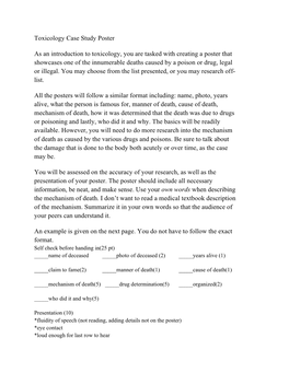 Toxicology Case Study Poster As an Introduction to Toxicology, You Are