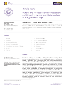 Tansley Review Patterns and Processes in Crop Domestication: an Historical Review and Quantitative Analysis of 203 Global Food Crops