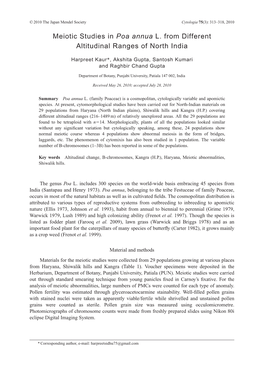 Meiotic Studies in Poa Annua L. from Different Altitudinal Ranges of North India