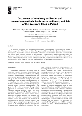 Occurrence of Veterinary Antibiotics and Chemotherapeutics in Fresh Water, Sediment, and Fish of the Rivers and Lakes in Poland