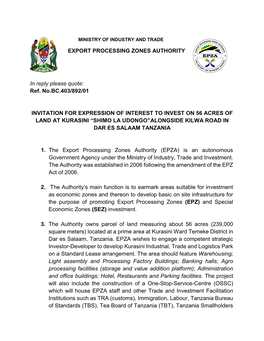 EXPORT PROCESSING ZONES AUTHORITY in Reply Please Quote
