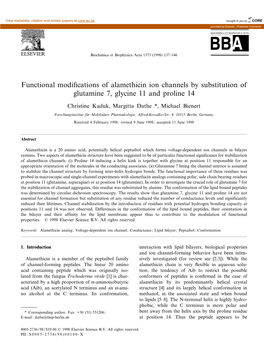 Functional Modi¢Cations of Alamethicin Ion Channels by Substitution of Glutamine 7, Glycine 11 and Proline 14