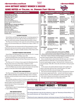 DETROIT MERCY WOMEN’S SOCCER GAME NOTES at Toledo, Vs