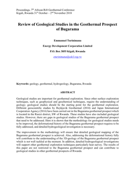 Review of Geological Studies in the Geothermal Prospect of Bugarama