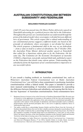 Australian Constitutionalism Between Subsidiarity and Federalism
