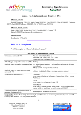 Compte Rendu De La Réunion Du 21 Octobre 2016 Point Sur Le Championnat