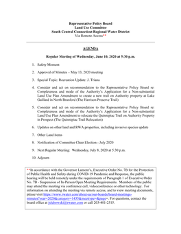 Representative Policy Board Land Use Committee South Central Connecticut Regional Water District Via Remote Access**