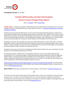 Comedian, NPR Personality, and Author Paula Poundstone Returns to Tacoma’S Pantages Theater March 9