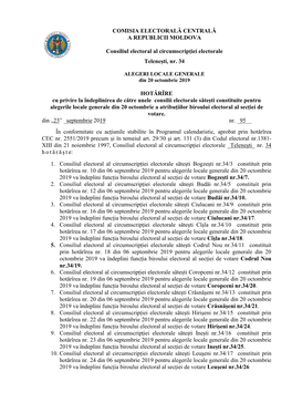 COMISIA ELECTORALĂ CENTRALĂ a REPUBLICII MOLDOVA Consiliul Electoral Al Circumscripției Electorale Telenești, Nr. 34 HOTĂR