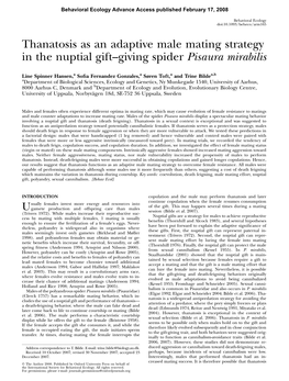 Thanatosis As an Adaptive Male Mating Strategy in the Nuptial Gift–Giving Spider Pisaura Mirabilis