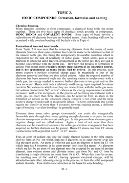 TOPIC 3. IONIC COMPOUNDS: Formation, Formulas and Naming