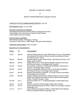 RESUME of SERVICE CAREER of BRUCE THOMAS MIKETINAC