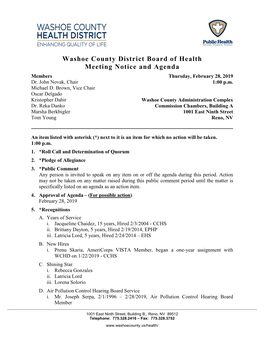 Washoe County District Board of Health Meeting Notice and Agenda Members Thursday, February 28, 2019 Dr