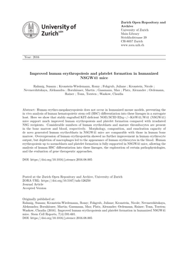 Improved Human Erythropoiesis and Platelet Formation in Humanized NSGW41 Mice