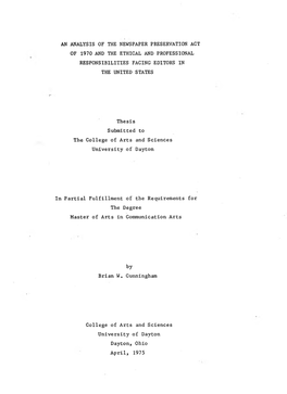 An Analysis of the Newspaper Preservation Act of 1970 and the Ethical and Professional Responsibilities Facing Editors in the United States