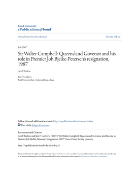 Sir Walter Campbell: Queensland Govenor and His Role in Premier Joh Bjelke-Petersen's Resignation, 1987 Geoff Ab Rlow