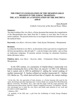 The First Evangelization of the Mesopotamian Regions in the Syriac Tradition: the Acta Maris As a Continuation of the Doctrina Addai