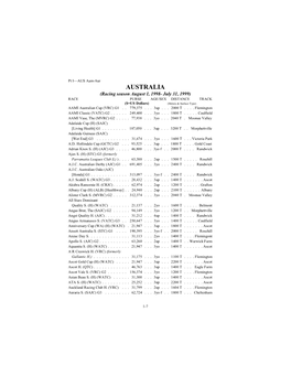 AUSTRALIA (Racing Season August 1, 1998- July 31, 1999) RACE PURSE AGE/SEX DISTANCE TRACK ($=US Dollars) (Meters & Surface Type) AAMI Australian Cup (VRC) G1