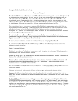 Concepts Related to Fluid Balance in the Body. Membrane Transport To