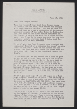 June 13, 1941 Dear Lens League Member: When You Received Your Last Lens League Book, CALIFORNIA and the WEST, This Office Was Swamped with Complimentary Letters