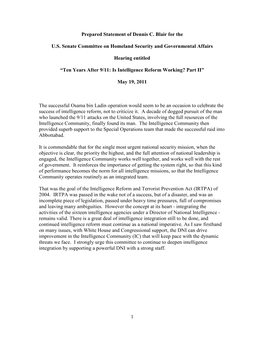 1 Prepared Statement of Dennis C. Blair for the U.S. Senate Committee on Homeland Security and Governmental Affairs Hearing Enti