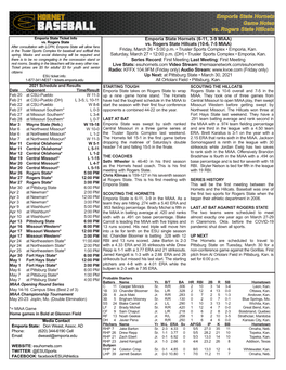 Emporia State Hornets Game Notes Vs. Rogers State Hillcats Emporia State Ticket Info Emporia State Hornets (6-11, 3-9 MIAA) Vs