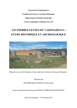 Les Pierres Levees Du Vakiniadiana : Etude Historique Et Archeologique
