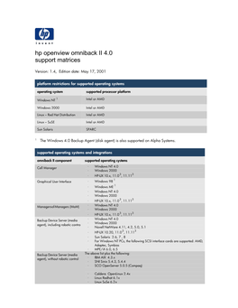 Hp Openview Omniback II 4.0 Support Matrices