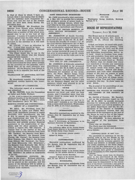 CONGRESSIONAL RECORD-HOUSE JULY 26 to That of Those to Which I Have Re­ JOINT RESOLUTION INTRODUGED POSTMA.STD Ferred-That I Was Hoping That We Might Mr
