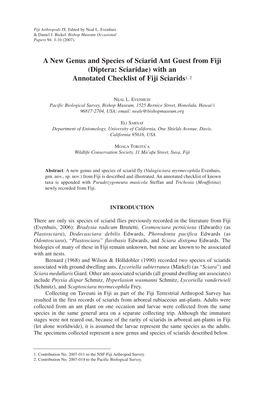 A New Genus and Species of Sciarid Ant Guest from Fiji (Diptera: Sciaridae) with an Annotated Checklist of Fiji Sciarids1, 2