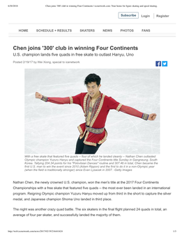 Chen Joins '300' Club in Winning Four Continents | Icenetwork.Com: Your Home for ﬁgure Skating and Speed Skating