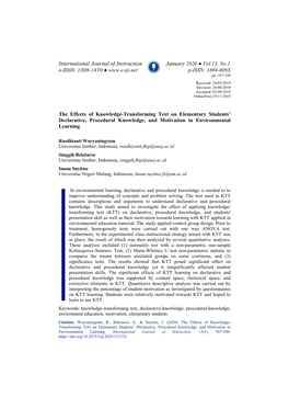 The Effects of Knowledge-Transforming Text on Elementary Students’ Declarative, Procedural Knowledge, and Motivation in Environmental Learning