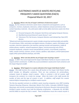 ELECTRONICS WASTE (E-WASTE) RECYCLING FREQUENTLY ASKED QUESTIONS (FAQ's) Prepared March 10, 2017