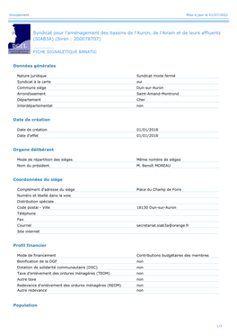 Syndicat Pour L'aménagement Des Bassins De L'auron, De L'airain Et De Leurs Affluents (SIAB3A) (Siren : 200078707)