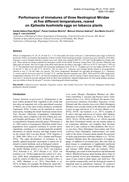 Performance of Immatures of Three Neotropical Miridae at Five Different Temperatures, Reared on Ephestia Kuehniella Eggs on Tobacco Plants