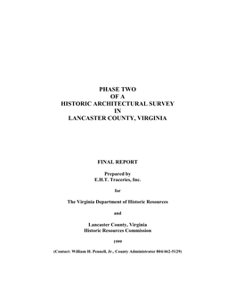 Historic Architectural Survey Report of Lancaster County, Virginia,